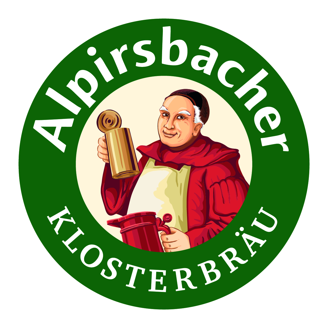 Logo der Alpirsbacher Klosterbräu mit Mönch, roter Kutte, Bierkrug und grüner Umrandung.
